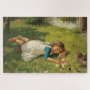 Quebra-cabeça Rapariga Brincando com Pintinhos (Galinha e Galinh