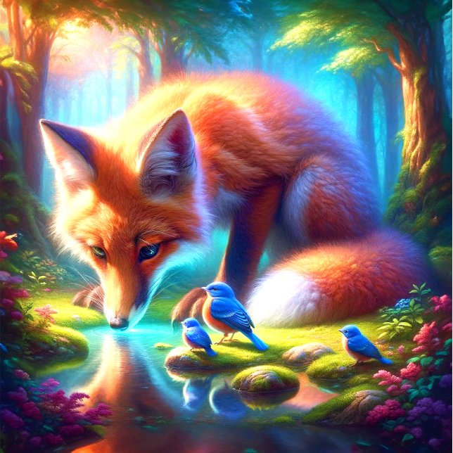 Quebra-cabeça Raposa Com Pássaros-americanos Em Floresta (Escape to nature's embrace with the Fox and American Robins puzzle. Serenity awaits!)