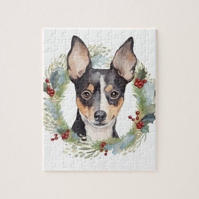Quebra-cabeça Rat Terrier Christmas Wreath Festivo Pup (Vertical)