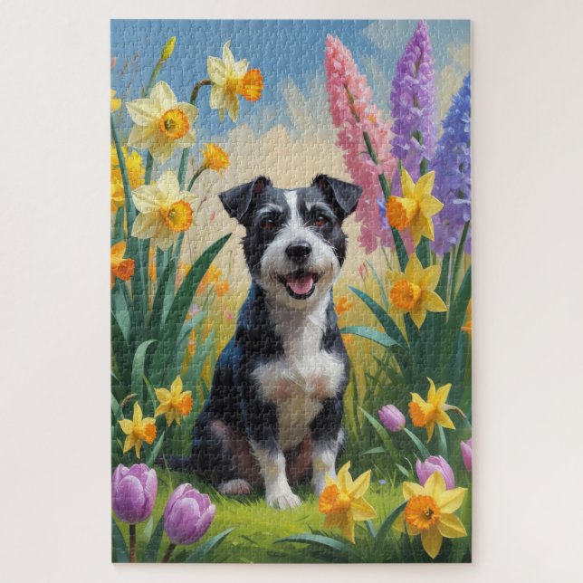 Quebra-cabeça Rat Terrier Dog Spring Flowings Painting (Vertical)