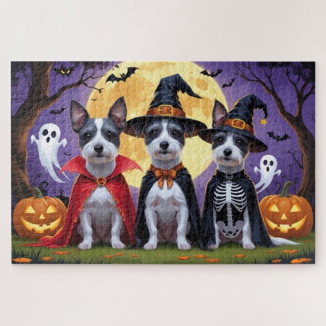 Quebra-cabeça Rat Terrier Dogs Pumpkin Halloween Engraçado (Horizontal)