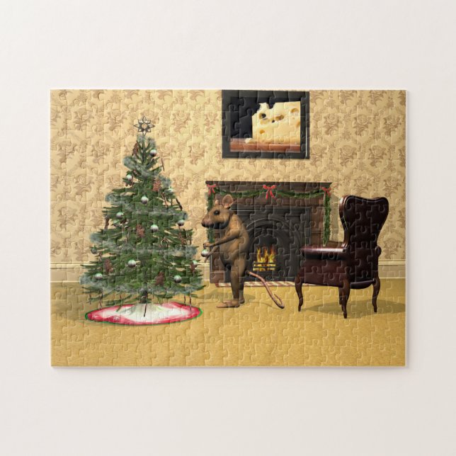 Quebra-cabeça Rato Bonito Decorando Árvore de Natal (Horizontal)
