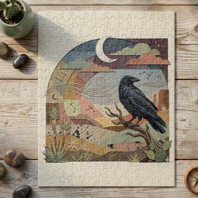 Quebra-cabeça Raven & Desert Moon – Pássaro Místico Gótico (Raven desert moon jigsaw puzzle)