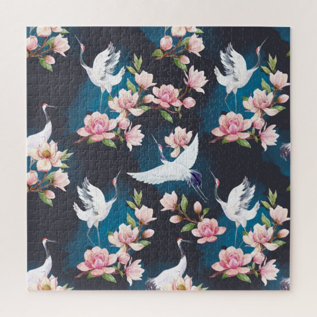 Quebra-cabeça Red Crane Magnolia: Aquarela Japonesa. (Vertical)