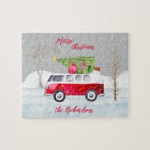 Quebra-cabeça Red Truck Feliz Cinza de Natal