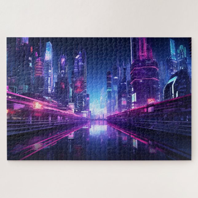Quebra-cabeça Reflexão da Cidade Cyberpunk (Horizontal)