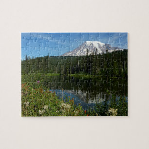 Quebra-cabeça Reflexo do Lago Monte Rainier com Flores Silvestre