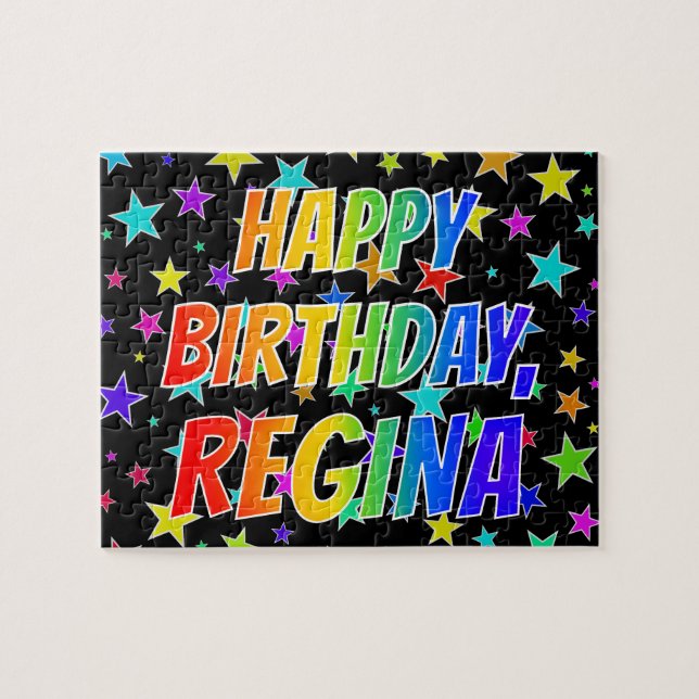 Quebra-cabeça "REGINA" Primeiro Nome, Diversão "FELIZ ANIVERSÁRI (Horizontal)