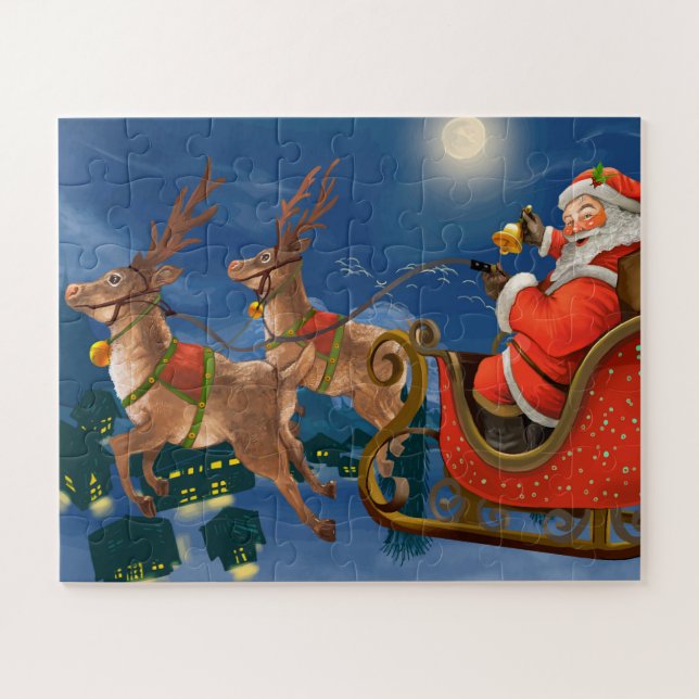 Quebra-cabeça Reindeer Pulling Santa Claus Sleigh | Natal (Horizontal)