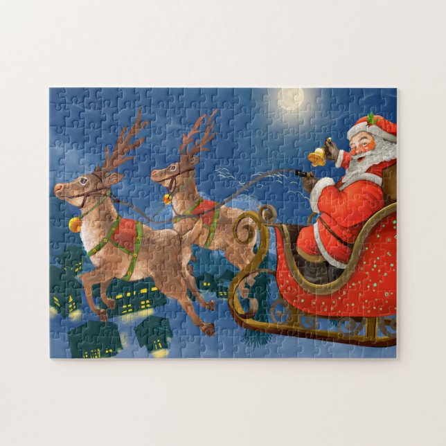 Quebra-cabeça Reindeer Pulling Santa Claus Sleigh | Natal (Horizontal)