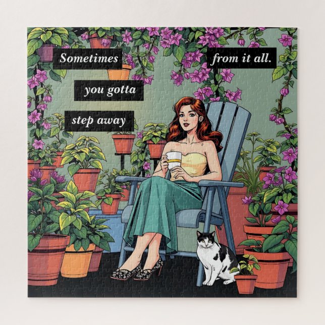 Quebra-cabeça Relaxamento com Café, Gatos e Plantas (Vertical)