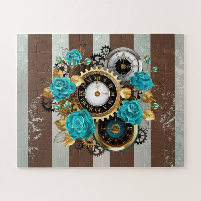 Quebra-cabeça Relógio Steampunk e Rosas Turquesa em Listras (Horizontal)
