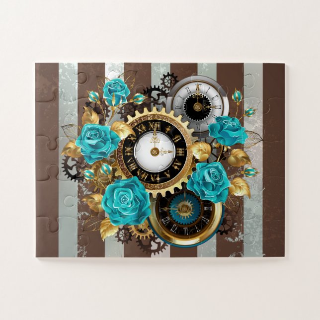 Quebra-cabeça Relógio Steampunk e Rosas Turquesa em Listras (Horizontal)