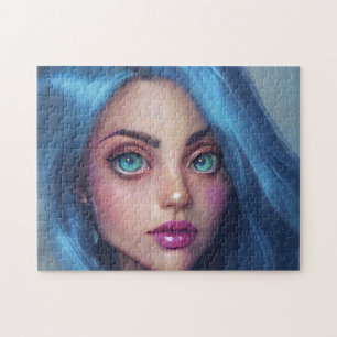 Quebra-cabeça Retrato Azul Cabelo Verde Olhos Verdes Sorriem Jov