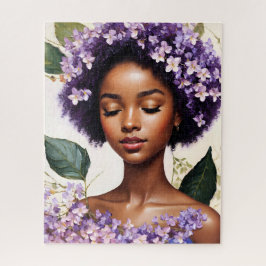 Quebra-cabeça Retrato Botânico das Flores Roxas de Menina Negra