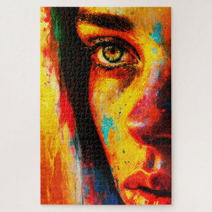Quebra-cabeça Retrato Colorido de Mulher Olhar Vibrante de Perto