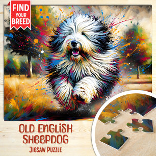 Quebra-cabeça Retrato de Cão Old English Sheepdog Arte em Acríli