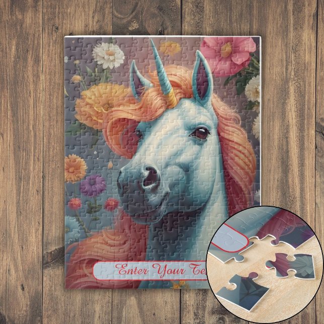 Quebra-cabeça Retrato de Flor Unicórida Branco Personalizado (Personalized White Unicorn Flower Portrait Jigsaw Puzzle)