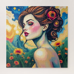 Quebra-cabeça Retrato de Mulher Surreal Vibrante - Paisagem Fant