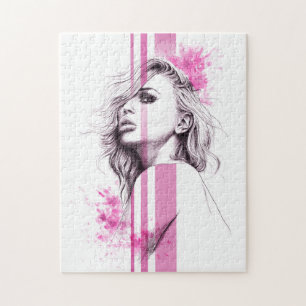Quebra-cabeça Retrato de tinta feminina, ilustração de moda rosa