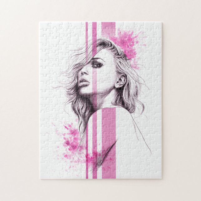 Quebra-cabeça Retrato de tinta feminina, ilustração de moda rosa (Vertical)