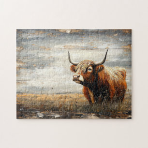 Quebra-cabeça Retrato de Vaca Highland em Madeira Atacada