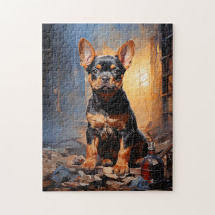 Quebra-cabeça Retrato do Bulldog francês preto e cachorrinho bro