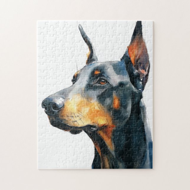 Quebra-cabeça retrato em aquarela de dobermann preto (Vertical)