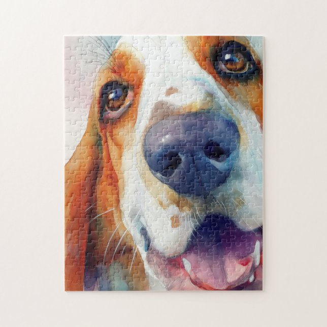 Quebra-cabeça retrato em aquarela do basset hound (Vertical)