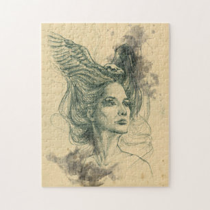 Quebra-cabeça Retrato feminino com crânio de pássaro e asas Surr