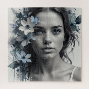Quebra-cabeça Retrato Floral Azul de uma mulher