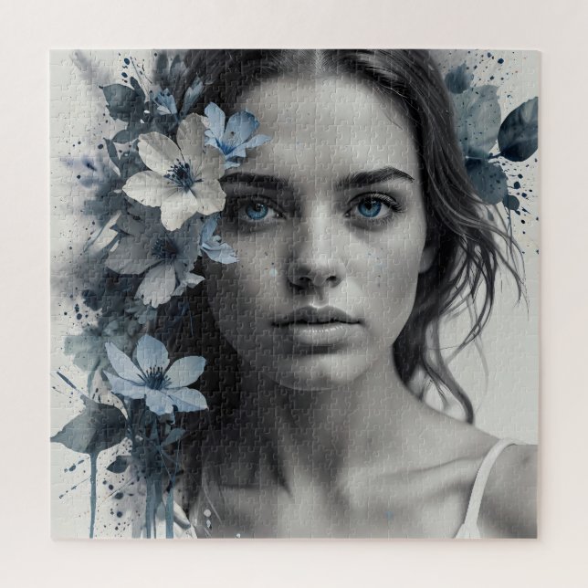 Quebra-cabeça Retrato Floral Azul de uma mulher (Vertical)
