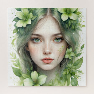 Quebra-cabeça Retrato Floral Verde de uma mulher