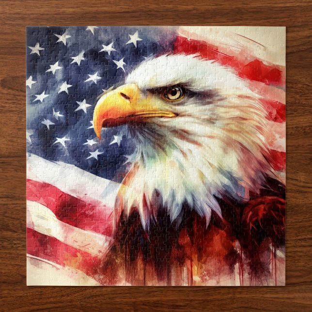 Quebra-cabeça Retrato Majestoso de Águia Careca com Bandeira Ame (Majestic Bald Eagle Portrait with American Flag. Jigsaw Puzzle)