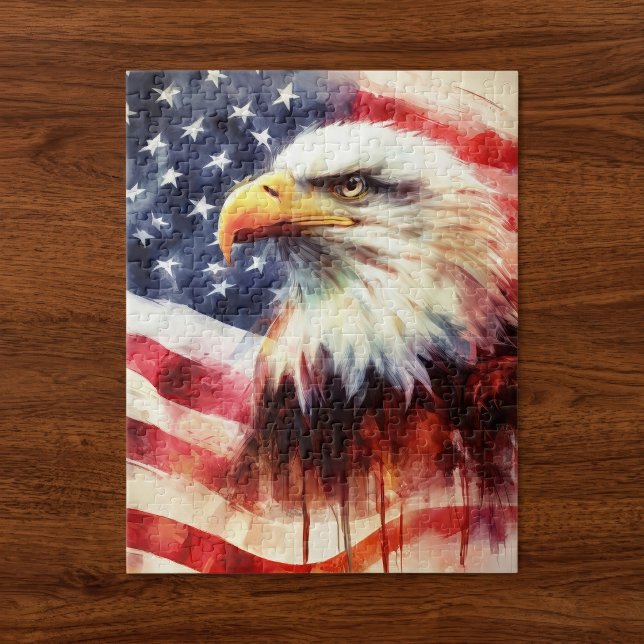 Quebra-cabeça Retrato Majestoso de Águia Careca com Bandeira Ame (Majestic Bald Eagle Portrait with American Flag. Jigsaw Puzzle)