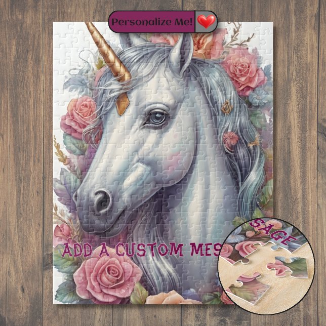 Quebra-cabeça Retrato Personalizado de Unicórnio Branco (Personalized White Unicorn Portrait Jigsaw Puzzle)