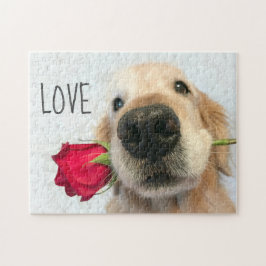 Quebra-cabeça Retriever de ouro com amor de Namorados Rosa verme