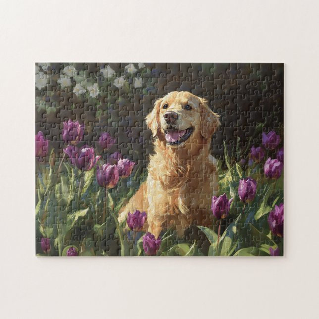 Quebra-cabeça Retriever ouro com Tulipas Roxas (Horizontal)