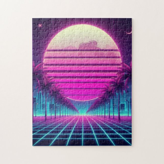 Quebra-cabeça retrô, 80 anos lua neon/palmas (Vertical)