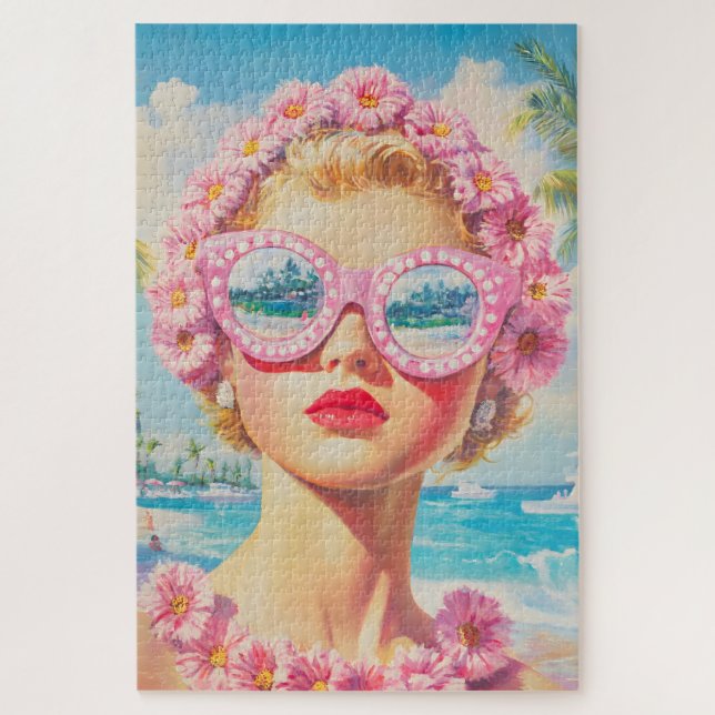 Quebra-cabeça Retro Beach Girl com óculos de sol florais (Vertical)