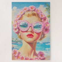 Retro Beach Girl com óculos de sol florais