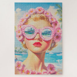 Quebra-cabeça Retro Beach Girl com óculos de sol florais