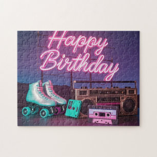 Quebra-cabeça Retro neon Happy Birthday assina rosa e cor-de-ros