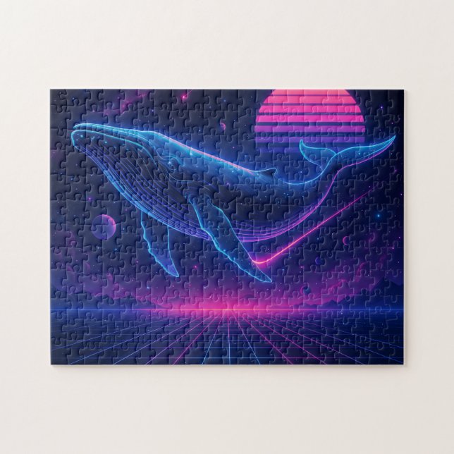 Quebra-cabeça Retro Synthwave Whale – Neon Space Art Puzzle (Horizontal)