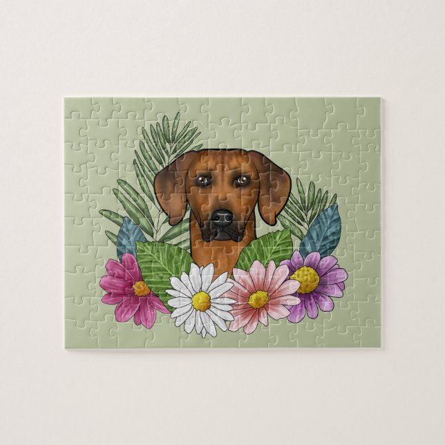 Quebra-cabeça Rhodesian Ridgeback Dog Head Summer Flowers Green (Horizontal)