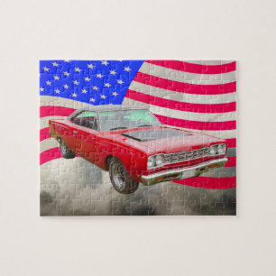 Quebra-cabeça Roadrunner 1968 de Plymouth e bandeira americana