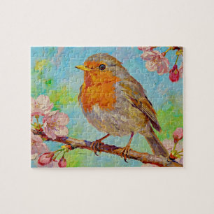 Quebra-cabeça Robin de Primavera em Flores de Cerejeira Pintura 