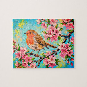 Quebra-cabeça Robin de Primavera em Flores de Cerejeira Pintura 