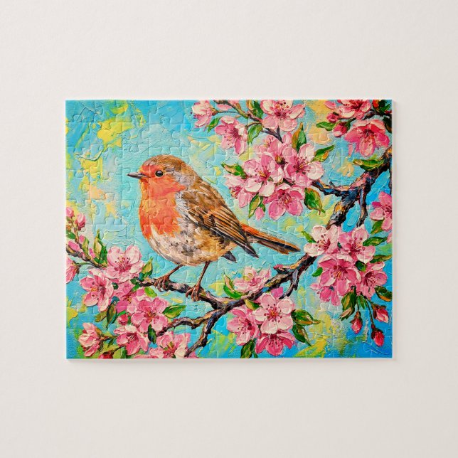 Quebra-cabeça Robin de Primavera em Flores de Cerejeira Pintura  (Horizontal)