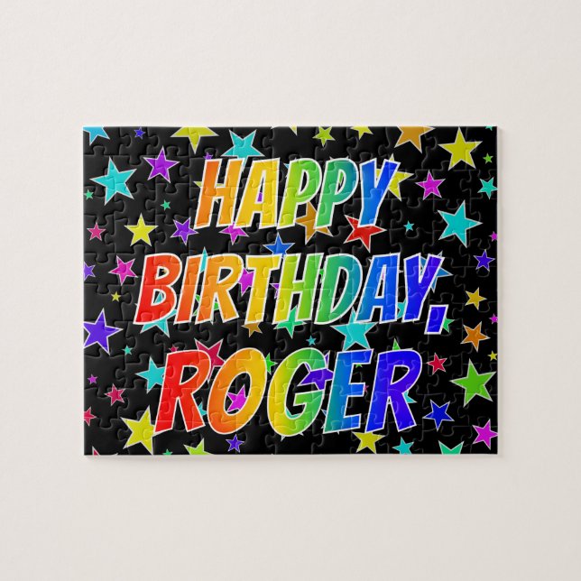 Quebra-cabeça "ROGER" Primeiro Nome, Diversão "FELIZ ANIVERSÁRIO (Horizontal)